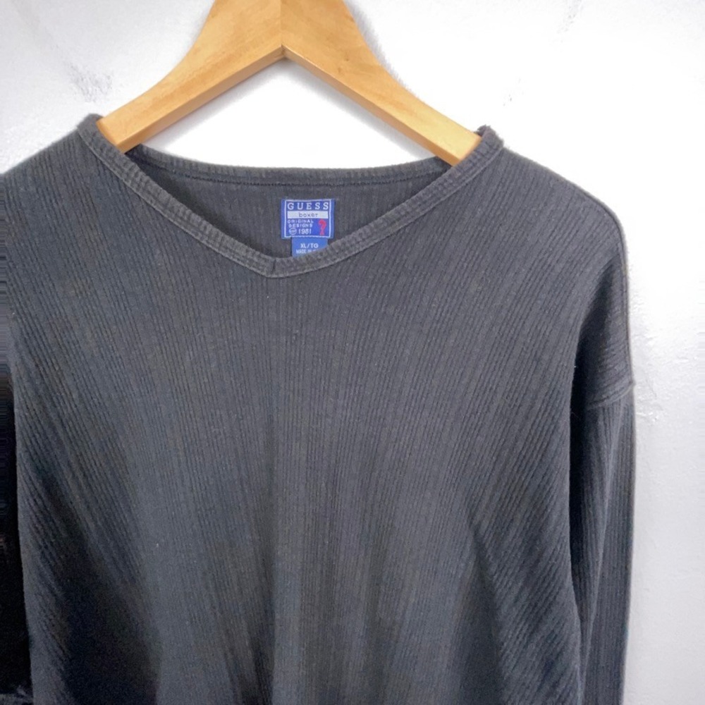 Vintage Guess Shirt Men XL Black Ribbed V-Neck Long Sleeve Cotton USA 90s Y2K